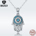 Authentic 925 Sterling Silver Lucky Hamsa Hand Long Necklaces Pendants Fatima Hand Necklace Women Jewelry bijoux Collar ECN264